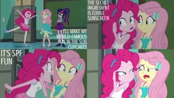 Size: 1280x720 | Tagged: safe, derpibooru import, edit, edited screencap, editor:quoterific, screencap, fluttershy, pinkie pie, sci-twi, twilight sparkle, equestria girls, equestria girls series, forgotten friendship, bowtie, chalkboard, clothes, crossed arms, cutie mark, cutie mark on clothes, female, geode of fauna, geode of sugar bombs, geode of telekinesis, glasses, hairpin, image, jewelry, jpeg, magical geodes, necklace, nose in the air, open mouth, ponytail, sandals, shoes, tanktop, tongue out