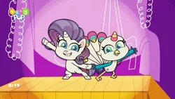 Size: 1024x576 | Tagged: safe, derpibooru import, screencap, rarity, pony, unicorn, my little pony: pony life, spoiler:pony life s02e15, bipedal, duo, duo female, female, image, png, sugar snap, the rarest of occasions, tiny pop