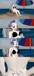 Size: 1920x4320 | Tagged: suggestive, artist:papadragon69, derpibooru import, rarity, anthro, 3d, bikini, breasts, busty rarity, clothes, comic, image, imminent nudity, island, ocean, png, solo, source filmmaker, stripping, swimsuit, umbrella, undressing, water