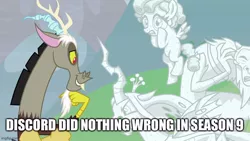Size: 800x450 | Tagged: safe, derpibooru import, edit, edited screencap, screencap, cozy glow, discord, lord tirek, queen chrysalis, centaur, changeling, changeling queen, draconequus, pegasus, the ending of the end, caption, female, image, jpeg, male, solo, text, turned to stone