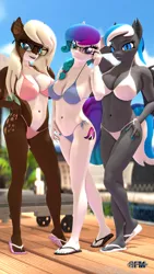 Size: 1080x1920 | Tagged: suggestive, artist:anthroponiessfm, derpibooru import, oc, oc:aurora starling, oc:diamond azure, oc:starry snow, anthro, bat pony, deer, deer pony, original species, adorasexy, anthro oc, bat pony oc, bat wings, big breasts, bikini, bikini bottom, bikini top, breasts, cleavage, clothes, cute, deer oc, feet, flip-flops, glasses, heel pop, heterochromia, image, looking at you, nail polish, png, sandals, sexy, swimming pool, swimsuit, toenail polish, wings