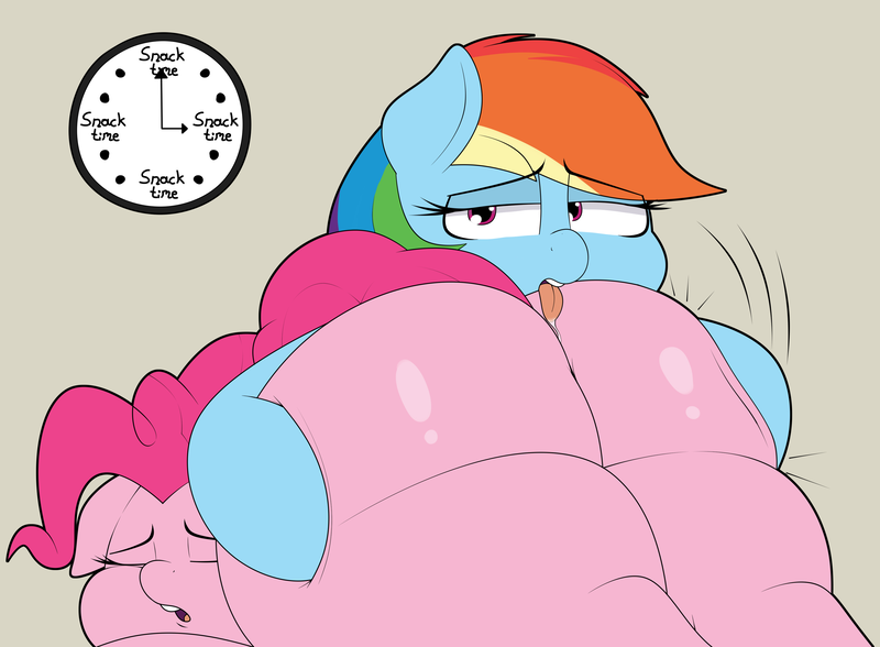 Size: 3714x2730 | Tagged: suggestive, artist:blitzyflair, derpibooru import, pinkie pie, rainbow dash, earth pony, pegasus, pony, 2 handfuls of dat ass, balloonbutt, butt, butt grab, butt touch, clock, eyes closed, fat, female, females only, floppy ears, grope, image, large butt, lesbian, licking, lidded eyes, looking at you, lying down, mare, morbidly obese, obese, open mouth, pinkiedash, png, rear view, redraw, shipping, simple background, tongue out, wide hips