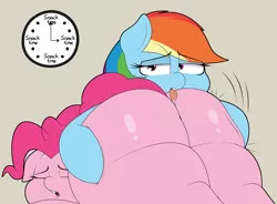 Size: 3714x2730 | Tagged: suggestive, artist:blitzyflair, derpibooru import, pinkie pie, rainbow dash, earth pony, pegasus, pony, 2 handfuls of dat ass, balloonbutt, butt, butt grab, butt touch, clock, eyes closed, fat, female, females only, floppy ears, grope, image, large butt, lesbian, licking, lidded eyes, looking at you, lying down, mare, morbidly obese, obese, open mouth, pinkiedash, png, rear view, redraw, shipping, simple background, tongue out, wide hips