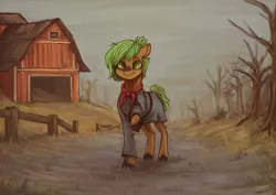 Size: 1280x905 | Tagged: safe, artist:wonderblue, derpibooru import, oc, unofficial characters only, earth pony, pony, fallout equestria, barn, clothes, dead tree, farm, image, jpeg, scarf, tree