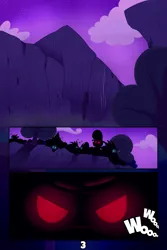 Size: 2100x3150 | Tagged: safe, artist:chaosllama, derpibooru import, comic:fall of friendship, cliff, comic, creature, glowing eyes, group, image, onomatopoeia, png, silhouette