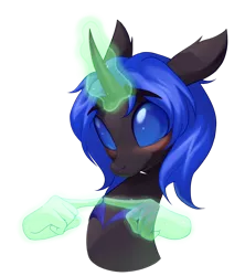 Size: 1096x1232 | Tagged: safe, artist:littmosa, derpibooru import, oc, oc:swift dawn, unofficial characters only, changeling, pony, blue changeling, blushing, changeling oc, commission, eyebrows visible through hair, fangs, hand, horn, image, looking at you, magic, magic hands, male, png, shy, simple background, smiling, solo, stallion, transparent background, ych result