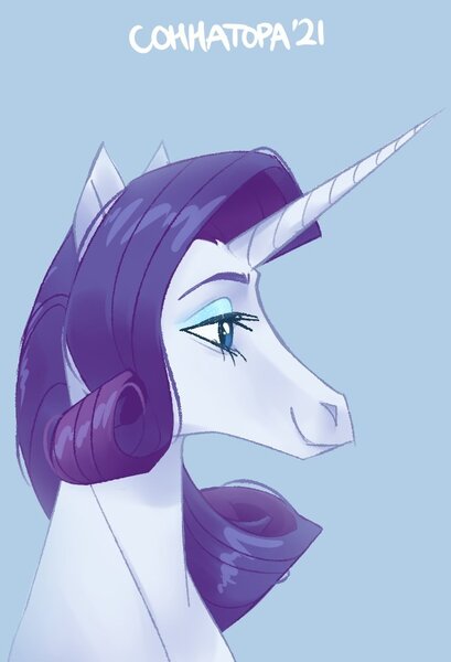 Size: 684x1004 | Tagged: safe, artist:sonnatora, derpibooru import, rarity, pony, unicorn, blue background, bust, female, hoers, image, jpeg, mare, portrait, profile, realistic anatomy, simple background, solo