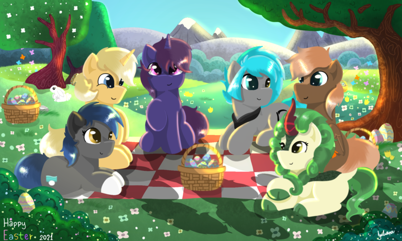 Size: 2000x1200 | Tagged: safe, artist:julie25609, derpibooru import, oc, oc:rachel, oc:rachel aster, oc:sorajona, oc:sorajona darkwing, oc:stormfire, oc:stormfire darkwing, oc:sunlight bolt, oc:tyrun, earth pony, pegasus, pony, rabbit, unicorn, animal, bandana, basket, bunny ears, clothes, easter, easter basket, easter egg, flower, friends, fullbody, group, group photo, happy, hill, holiday, image, kerchief, lying down, mountain, nature, picnic, picnic blanket, png, scarf, scene hair, sitting, smiling, tree