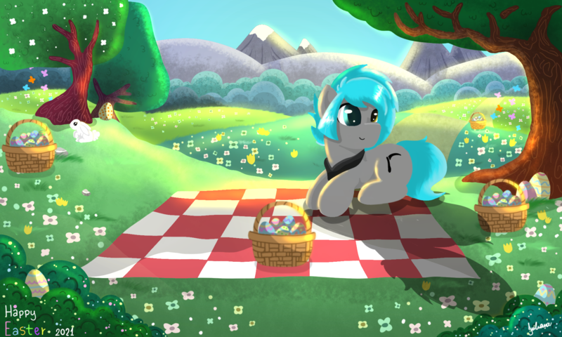 Size: 2000x1200 | Tagged: safe, artist:julie25609, derpibooru import, oc, oc:sorajona, oc:sorajona darkwing, pony, rabbit, animal, bandana, bush, clothes, easter, easter egg, female, flower, happy, hill, holiday, image, kerchief, lying down, mare, mountain, nature, picnic, picnic blanket, png, scarf, scene hair, sitting, solo, sunny, tree