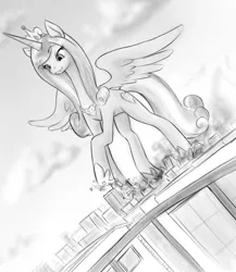 Size: 786x904 | Tagged: safe, artist:alloyrabbit, derpibooru import, princess cadance, alicorn, pony, city, crushing, destruction, female, giant pony, giantess, image, jpeg, macro, mare, monochrome, stomping