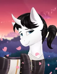 Size: 1280x1654 | Tagged: safe, artist:monsoonvisionz, derpibooru import, oc, oc:shiro reisu, unicorn, armor, cherry blossoms, flower, flower blossom, image, japanese, jpeg, looking at you, male, moon runes, my little pony, samurai, sunset