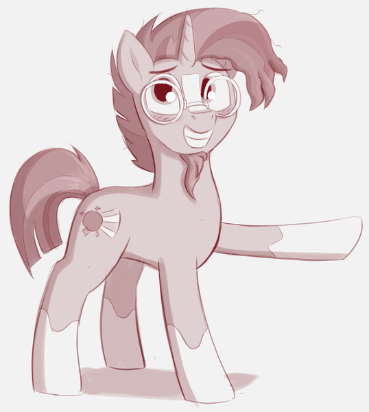 Size: 2280x2544 | Tagged: safe, artist:heretichesh, derpibooru import, sunburst, pony, unicorn, awkward smile, blaze (coat marking), blushing, facial hair, glasses, goatee, grin, high res, horn, image, looking at you, male, monochrome, png, pointing, simple background, sketch, smiling, socks (coat marking), solo, stallion, sunburst's glasses, white background