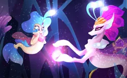 Size: 1264x777 | Tagged: safe, artist:crystalleye, derpibooru import, princess skystar, queen novo, seapony (g4), my little pony: the movie, bioluminescent, bubble, clothes, colored pupils, crown, dorsal fin, eyelashes, female, fins, fin wings, fish tail, flower, flower in hair, flowing tail, freckles, glow, image, jewelry, jpeg, necklace, open mouth, orb, pearl necklace, purple eyes, queen novo's orb, regalia, seaquestria, see-through, tail, throne, throne room, underwater, water, wings