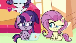 Size: 1920x1080 | Tagged: safe, derpibooru import, screencap, fluttershy, rarity, twilight sparkle, alicorn, pegasus, pony, unicorn, my little pony: pony life, spoiler:pony life s02e13, computer, image, laptop computer, magical mare-story tour, png