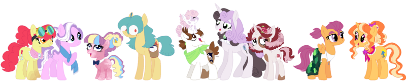 Size: 1280x261 | Tagged: safe, artist:selenaede, artist:teafrown, derpibooru import, apple bloom, diamond tiara, gilded lily, pipsqueak, scootaloo, sweetie belle, oc, oc:lavender, oc:little harmony, oc:red beetle, oc:strawberry chocolate milk, pony, adopted offspring, baby, baby pony, bag, base used, bowtie, camo pants, clothes, cutie mark crusaders, diamondbloom, female, glasses, goggles, height difference, image, lesbian, magical lesbian spawn, male, offspring, older, older apple bloom, older cmc, older diamond tiara, older gilded lily, older pipsqueak, older scootaloo, older sweetie belle, pants, parent:apple bloom, parent:diamond tiara, parent:pipsqueak, parent:snails, parent:sweetie belle, parents:diamondbloom, parents:snailbloom, parents:sweetiesqueak, png, pony hat, saddle bag, scootalily, shipping, straight, sweetiesqueak, tanktop