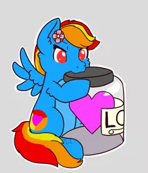 Size: 2145x2505 | Tagged: safe, artist:backgroundpony#f352, derpibooru import, oc, oc:sunamena, unofficial characters only, pegasus, commission, cute, flower, flower in hair, gray background, heart, image, jar, love, png, simple background, wings, ych result
