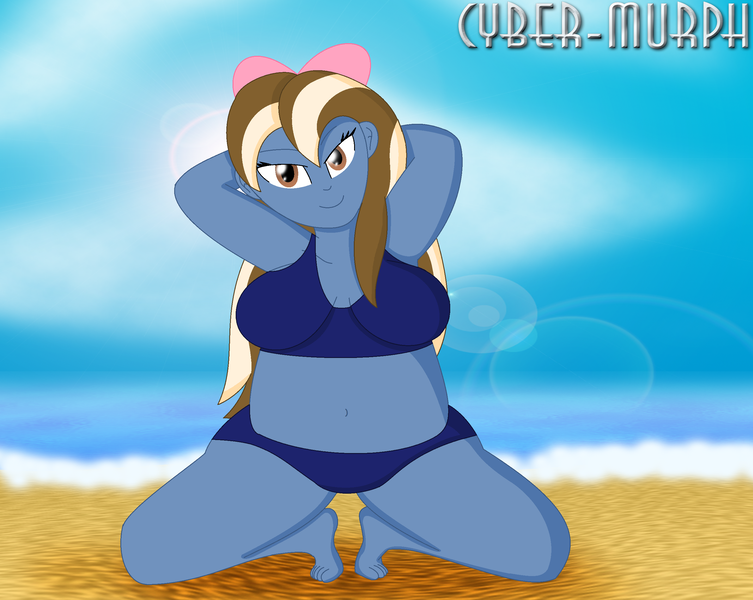 Size: 2671x2127 | Tagged: safe, artist:cyber-murph, derpibooru import, oc, oc:sundae shake, equestria girls, belly, belly button, bikini, breasts, chubby, clothes, commission, image, looking at you, midriff, ocean, png, signature, swimsuit, thick