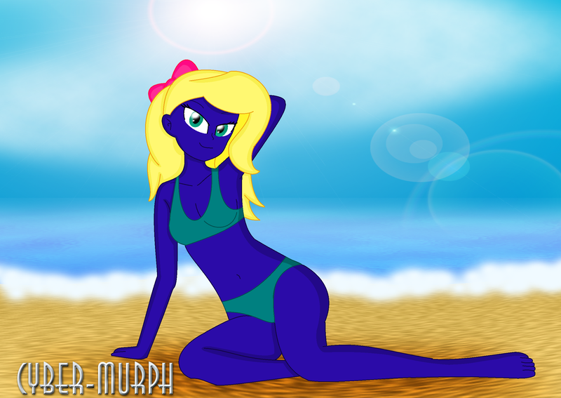 Size: 2276x1612 | Tagged: safe, artist:cyber-murph, derpibooru import, oc, oc:ruby shears, equestria girls, arm behind head, belly, belly button, bikini, bow, breasts, clothes, commission, hair bow, image, looking at you, ocean, png, sexy, signature, swimsuit