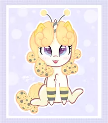 Size: 1400x1600 | Tagged: safe, artist:waretmilout, derpibooru import, bee, insect, unicorn, animal costume, bee costume, blue background, clothes, commission, costume, cute, food, honey, image, png, simple background, tights, yellow