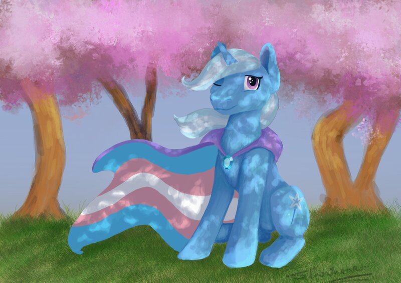 Size: 3508x2480 | Tagged: artist needed, source needed, safe, pony, image, jpeg, mouthpiece, solo, trans flag, trans pride flag