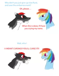 Size: 4767x6105 | Tagged: suggestive, derpibooru import, rainbow dash, oc, pegasus, pony, wolf, absurd resolution, blushing, comic, dialogue, fangs, female, floppy ears, image, male, mare, open mouth, png, red and black oc, runt, simple background, smiling, straight, teeth, white background