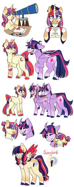 Size: 1280x3207 | Tagged: safe, artist:rainbowquasar, derpibooru import, moondancer, twilight sparkle, twilight sparkle (alicorn), oc, oc:songbird crescent, alicorn, pegasus, pony, unicorn, alternate hairstyle, diploma, dusk shine, duskdancer, female, graduation cap, half r63 shipping, hat, image, jpeg, lesbian, male, mare, offspring, parent:dusk shine, parent:moondancer, parents:duskdancer, prince dusk, rule 63, self ponidox, shipping, simple background, stallion, story included, straight, telescope, twidancer, white background