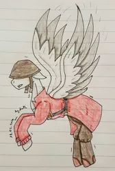 Size: 2156x3206 | Tagged: safe, artist:agdapl, derpibooru import, ponified, pegasus, pony, boots, bust, clothes, crossover, flying, helmet, image, jpeg, lined paper, male, shoes, signature, soldier, stallion, team fortress 2, traditional art, two toned wings, wings