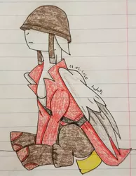 Size: 1966x2528 | Tagged: safe, artist:agdapl, derpibooru import, ponified, pegasus, pony, boots, bust, clothes, crossover, helmet, image, jpeg, lined paper, male, shoes, signature, sitting, soldier, stallion, team fortress 2, traditional art, two toned wings, wings