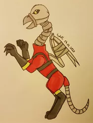 Size: 2407x3209 | Tagged: safe, artist:agdapl, derpibooru import, gryphon, bone, boots, clothes, crossover, gloves, griffonized, image, jpeg, male, pyro, rearing, shoes, signature, skeleton, solo, species swap, team fortress 2, traditional art
