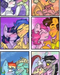 Size: 540x676 | Tagged: safe, artist:cocolove2176, derpibooru import, applejack, cheese sandwich, discord, flash sentry, fluttershy, pinkie pie, rainbow dash, rarity, spike, twilight sparkle, zephyr breeze, oc, alicorn, draconequus, dragon, earth pony, pegasus, pony, unicorn, adopted offspring, boop, bust, cheesepie, clothes, discoshy, eyes closed, female, flashlight, grin, horn, hug, image, jpeg, looking at each other, looking up, male, mare, nose touching, noseboop, shipping, smiling, sparity, stallion, straight, winghug, wings, zephdash