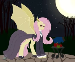 Size: 1700x1400 | Tagged: safe, artist:beadedwolf22, derpibooru import, fluttershy, bat pony, pony, apple, bat ponified, clothes, dress, female, flutterbat, fluttergoth, food, full moon, image, mare, moon, night, png, race swap, solo, spread wings, wings