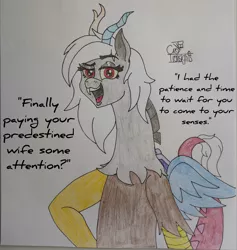 Size: 1920x2028 | Tagged: safe, artist:crooked ironsights, derpibooru import, discord, draconequus, artist signature, dialogue, eris, image, jpeg, looking at you, photo, red eyes, rule 63, solo, talking to viewer, text, traditional art