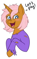 Size: 2030x3200 | Tagged: safe, artist:cherrycandi, derpibooru import, oc, oc:sangrienta petunia, unofficial characters only, pony, unicorn, blushing, bust, clothes, female, image, mare, messy mane, open mouth, png, simple background, smiling, solo, speech bubble, torn clothes, transparent background