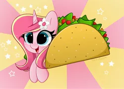 Size: 4096x2952 | Tagged: safe, artist:kittyrosie, derpibooru import, oc, oc:rosa flame, unofficial characters only, pony, abstract background, cute, flower, flower in hair, food, image, jpeg, salad, taco