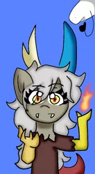 Size: 540x984 | Tagged: safe, artist:juanluuis8, derpibooru import, discord, dog, arms raised, blue background, eris, fire, florkofcows, image, looking at you, png, rule 63, simple background