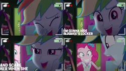 Size: 1280x720 | Tagged: safe, derpibooru import, edit, edited screencap, editor:quoterific, screencap, pinkie pie, rainbow dash, do it for the ponygram!, equestria girls, equestria girls series, spoiler:eqg series (season 2), camera shot, clothes, cutie mark, cutie mark on clothes, eyes closed, geode of sugar bombs, geode of super speed, grin, image, jpeg, laughing, lockers, looking at you, magical geodes, open mouth, rainbow dash's prank fail, screaming, smiling, tanktop