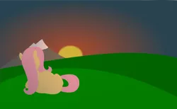 Size: 3278x2024 | Tagged: safe, artist:eminent entropy, derpibooru import, fluttershy, pegasus, pony, derpibooru exclusive, facing away, folded wings, hill, image, looking away, lying down, mountain, png, solo, sunset, vector, wings