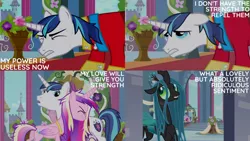 Size: 1280x720 | Tagged: safe, derpibooru import, edit, edited screencap, editor:quoterific, screencap, princess cadance, queen chrysalis, shining armor, alicorn, changeling, pony, unicorn, a canterlot wedding, eyes closed, female, image, jpeg, male, mare, open mouth, stallion