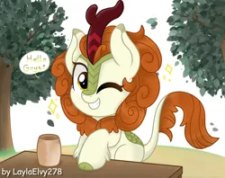 Size: 2421x1920 | Tagged: safe, artist:laylaelvy278, derpibooru import, autumn blaze, kirin, female, grin, high res, image, jpeg, mare, one eye closed, smiling, solo, speech bubble, tree, wink
