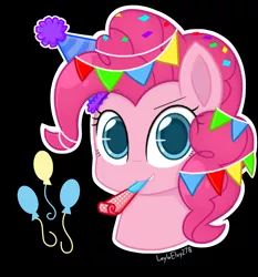Size: 1358x1458 | Tagged: safe, artist:laylaelvy278, derpibooru import, pinkie pie, earth pony, pony, black background, bust, cutie mark, female, hat, image, mare, mouth hold, party hat, party horn, png, portrait, simple background, solo, white outline