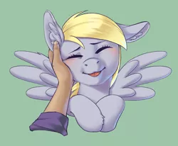 Size: 4250x3500 | Tagged: safe, artist:taytinabelle, derpibooru import, derpy hooves, pegasus, pony, :p, blushing, cute, disembodied hand, ear fluff, eyes closed, female, floppy ears, green background, hand, happy, hooves to the chest, image, mare, offscreen character, petting, png, simple background, solo, spread wings, tongue out, wings