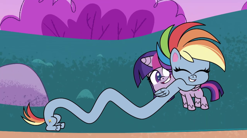 Size: 1280x720 | Tagged: safe, derpibooru import, screencap, rainbow dash, twilight sparkle, twilight sparkle (alicorn), alicorn, pegasus, pony, my little pony: pony life, spoiler:pony life s02e16, cartoon physics, duo, duo female, eyes closed, female, hug, image, long pony, mare, png, portal combat, teeth, wat