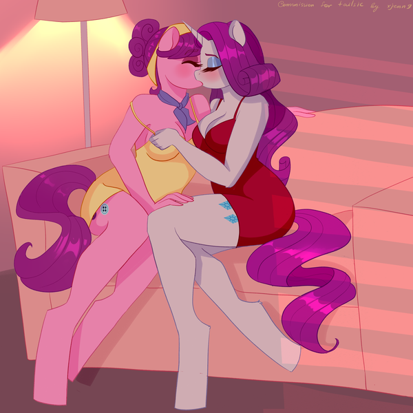 Size: 4000x4000 | Tagged: suggestive, artist:xjenn9, derpibooru import, rarity, suri polomare, anthro, unguligrade anthro, breasts, cleavage, commission, female, image, lesbian, png, shipping, surity, undressing