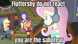 Size: 1705x960 | Tagged: safe, derpibooru import, edit, edited screencap, screencap, applejack, fluttershy, rarity, sunset shimmer, costume conundrum, equestria girls, equestria girls series, spoiler:eqg series (season 2), applejack's hat, bbc, boots, caption, cbbc, clothes, cowboy boots, cowboy hat, crossed arms, cutie mark, cutie mark on clothes, denim skirt, female, gamershy, geode of empathy, geode of fauna, geode of shielding, geode of super strength, hairpin, hat, headphones, headset, headset mic, high heels, image, image macro, jacket, jewelry, jpeg, leather, leather jacket, magical geodes, mobile phone, necklace, phone, rarity peplum dress, shoes, skirt, smartphone, text, trapped (tv show)