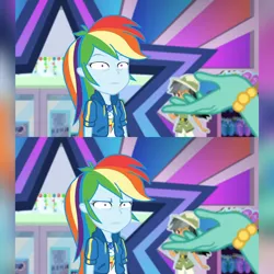 Size: 1920x1920 | Tagged: safe, derpibooru import, edit, editor:itsmgh1203, screencap, daring do, rainbow dash, zephyr breeze, equestria girls, equestria girls series, holidays unwrapped, spoiler:eqg series (season 2), :i, clothes, cutie mark, cutie mark on clothes, da fuq, dashing through the mall, faic, female, geode of super speed, hoodie, image, jewelry, jpeg, magical geodes, male, meme, necklace, not amused face, rainbow dash is best facemaker, rainbow dash is not amused, reaction image, shrunken pupils, special eyes, thousand yard stare, unamused, wide eyes