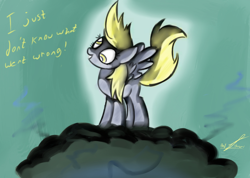 Size: 2016x1440 | Tagged: safe, artist:ponyjhooves, derpibooru import, derpy hooves, pegasus, pony, the last roundup, cloud, i just don't know what went wrong, image, jpeg, on a cloud, scene interpretation, smoke, solo, standing on a cloud, stormcloud