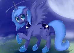 Size: 2800x2000 | Tagged: safe, artist:ponyjhooves, derpibooru import, princess luna, alicorn, pony, crying, floppy ears, image, implied princess celestia, moon, night, one hoof raised, png, s1 luna, sad, shooting star, solo, talking