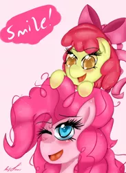 Size: 1584x2160 | Tagged: safe, artist:ponyjhooves, derpibooru import, apple bloom, pinkie pie, earth pony, a friend in deed, bust, colored pupils, duo, image, jpeg, messy mane, one eye closed, on head, pink background, pony hat, simple background, smile song, wink