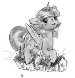 Size: 746x777 | Tagged: safe, artist:alloyrabbit, derpibooru import, twilight sparkle, twilight sparkle (alicorn), alicorn, pony, crushing, female, giant pony, giantess, house, houses, image, jpeg, macro, mare, monochrome, ponyville, stomping