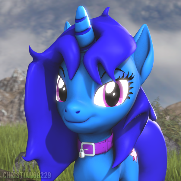 Size: 1000x1000 | Tagged: safe, artist:christian69229, derpibooru import, oc, oc:delly, unofficial characters only, pony, unicorn, 3d, bust, collar, female, image, looking at you, mare, png, portrait, solo, source filmmaker